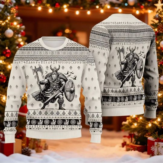 Discover Monochrome Viking Warrior Ugly Christmas Sweater, Norse Mythology Rune Knit Sweater, Axe Shield Xmas Pullover, Nordic Yule Outfit