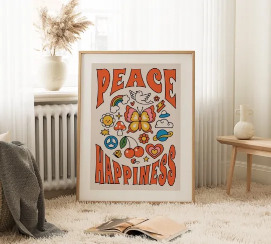 Discover Retro Peace Happiness Wall Art Print, Vertical Poster, Home Decor