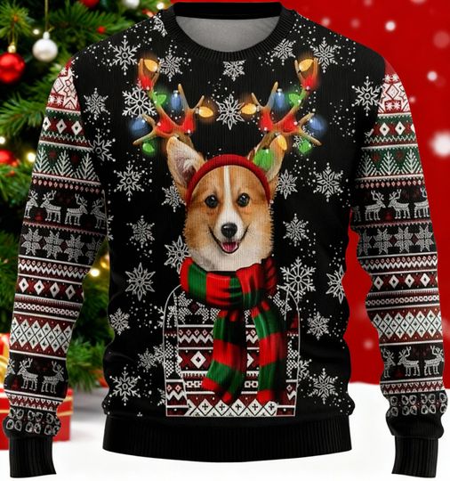 Corgi Reindeer Antlers Ugly Christmas Sweater, Funny Dog Lover