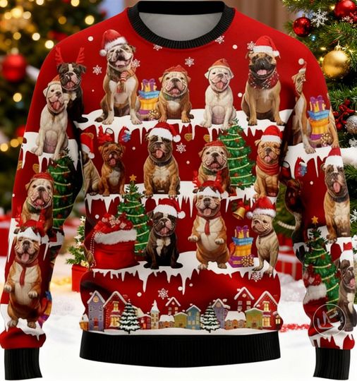 Discover Bulldog Christmas Ugly Sweater, Funny Dog Lover, Festive Puppy, Holiday Party, Cute Canine, Xmas Gift, Dog Mom Dad
