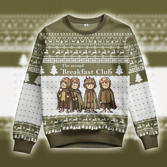 Discover The Second Breakfast Club LOTR Ugly Christmas Sweater, Funny Hobbit, Lord of the Rings Fan, Holiday Gift, Geeky Xmas
