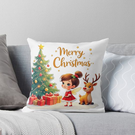 Discover  Merry Christmas, sweet christmas fairy with christmas tree Pillow