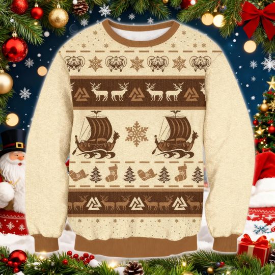 Discover Viking Christmas Sweater, Nordic Yule Pullover, Reindeer Ugly Xmas Jumper, Norse Holiday Shirt, Winter Longship Sweater, Unisex Gift
