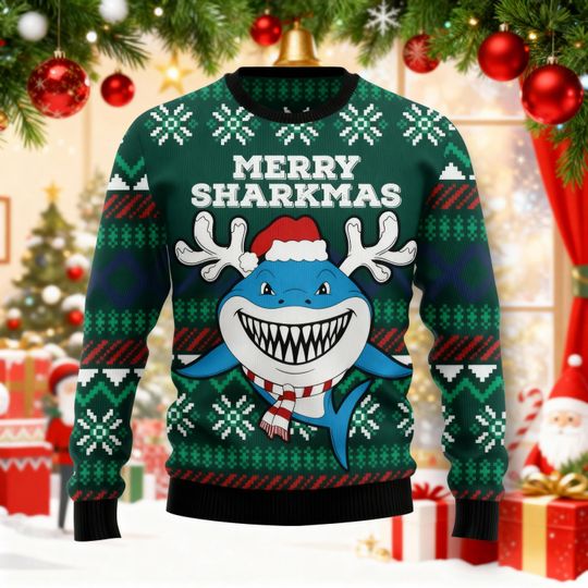 Discover Merry Sharkmas Ugly Christmas Sweater, Funny Shark Xmas Jumper, Shark Lover Gift, Ocean Animal Holiday Party Outfit