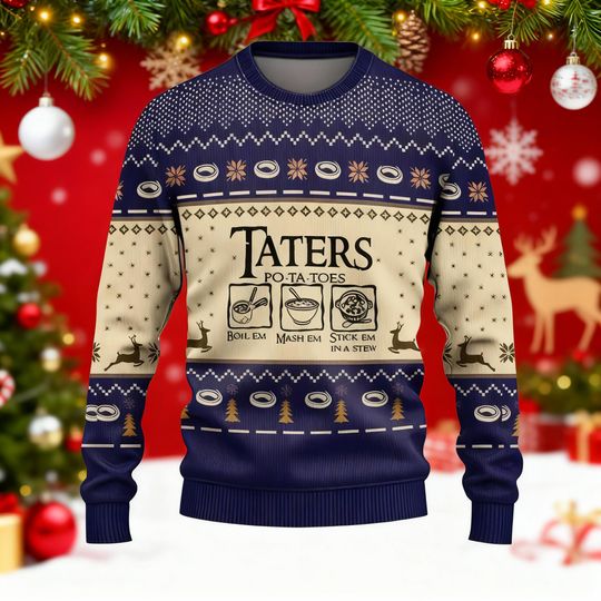 Discover Taters Po-ta-toes Ugly Christmas Sweater, Funny Fantasy Adventure Jumper, Cozy Hobbit-Style Holiday Gift