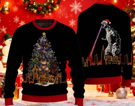 god zilla Ugly Christmas Sweater, Funny Kaiju Holiday Jumper, King of the Monsters Xmas