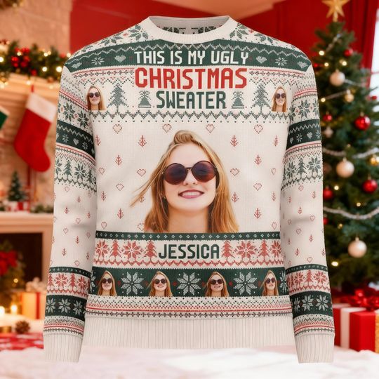 Discover Personalized Ugly Christmas Sweater, Custom Face Jumper, This Is My Ugly Sweater, Funny Holiday Gift, Custom Photo Christmas Sweatshirt