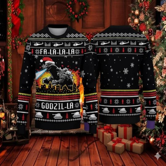 Discover Funny Monster Christmas Sweater, Unisex Holiday Pullover, City Destroyer Xmas Shirt, Fire Breathing Creature Knit, Ugly Festive Jumper