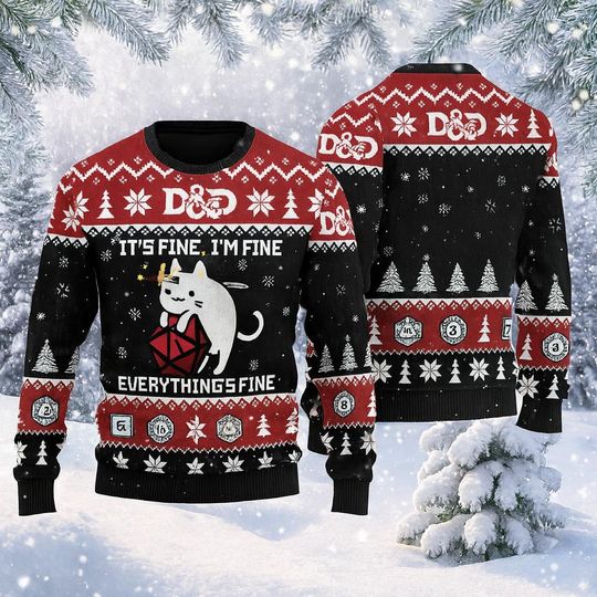 Discover Funny Cat Christmas Sweater, RPG Gamer Holiday Jumper, Unisex Dice Pullover, It's Fine Ugly Xmas Shirt, Nerdy Festive Knitwear