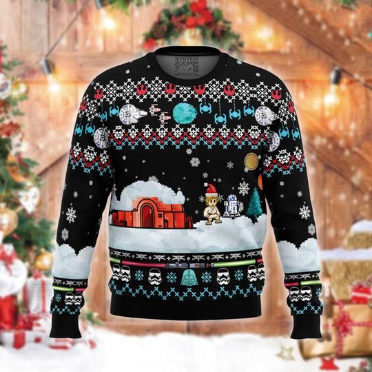 Discover Retro Pixel Space Adventure Christmas Sweater, Funny Ugly Holiday Jumper with Sci-Fi Snow Scene, Gift for Nerds & Fans