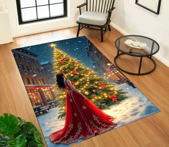 Discover Christmas Tree Scene Rug: Red Holiday Decor, Washable
