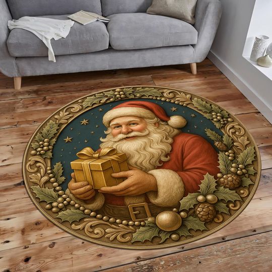 Santa Claus & Reindeer Christmas Rug, Round Vintage Baroque Carpet