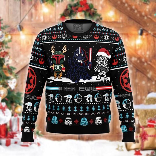 Galactic Villains Ugly Christmas Sweater, Funny Holiday Jumper with Pixel Characters
