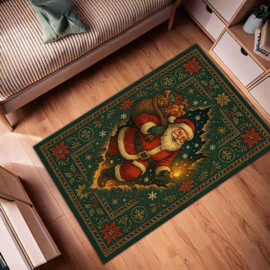 Discover Christmas Santa Rug with Gifts and Holiday Border, Festive Vintage Style Carpet for Living Room, Bedroom, Holiday Decor