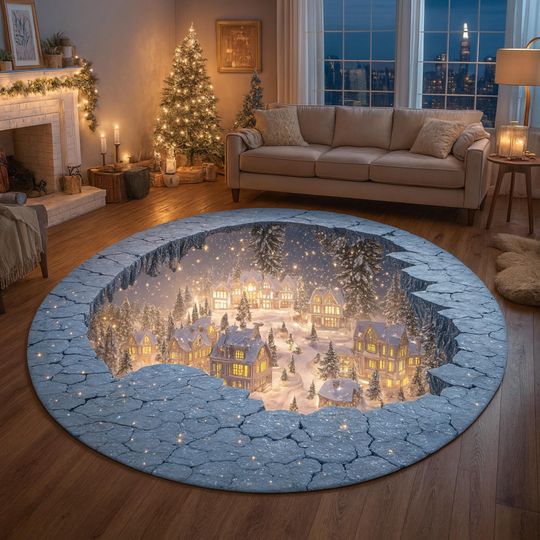 3D Christmas Village Rug, Winter Snow Town Carpet, Cozy Holiday Floor Mat