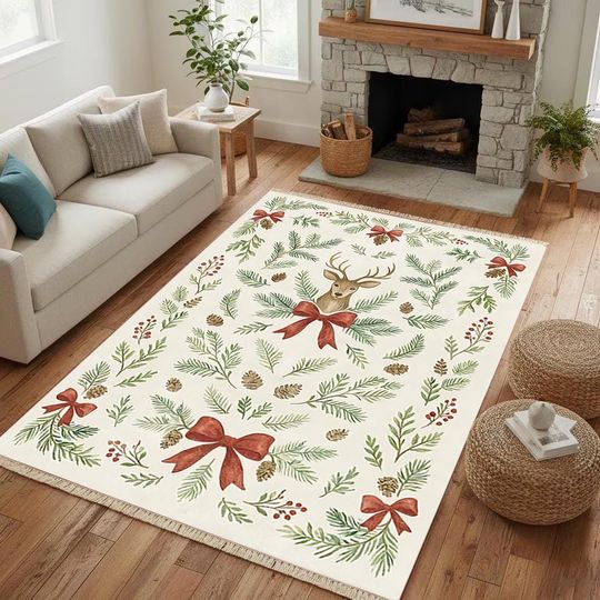 Christmas Rug With Reindeer And Pine Tree Design Rustic Holiday