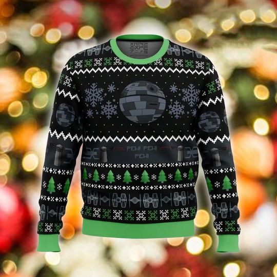 Discover Dark Planet Xmas Sweater, Pew Pew Funny Ugly Christmas Jumper, Geeky Sci-Fi Holiday Pullover, Retro Space Winter Shirt