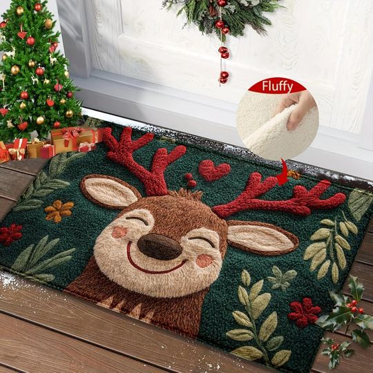 Discover Cozy Christmas Rug with Reindeer | Soft, Non-Slip & Washable | Festive Home Decor for Entryway or Living Room