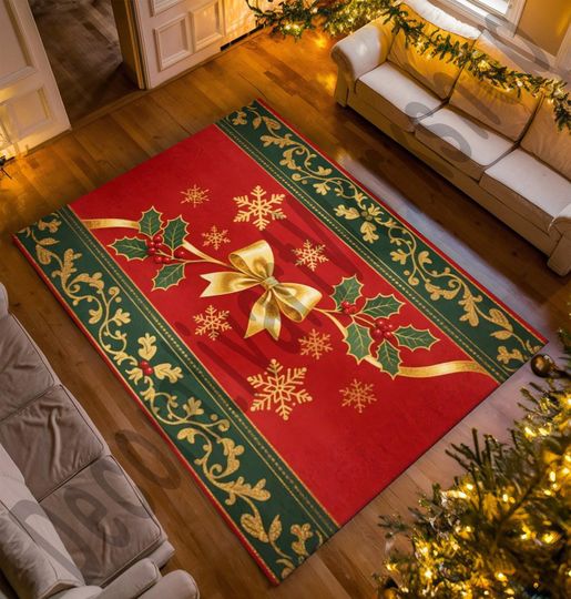 Discover Christmas Area Rug, Red Green Bow Carpet, Holiday Decor for Living Room