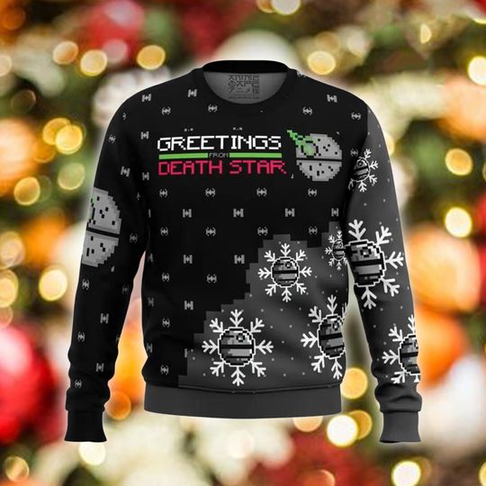 Discover Pixel Death Planet Holiday Sweater, Funny Space Christmas Jumper, Geeky Ugly Xmas Sweatshirt, Retro Sci-Fi Gift