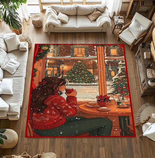 Discover Christmas Girl Rug: Cozy Winter Scene Area Rug, Washable Non-Slip Carpet