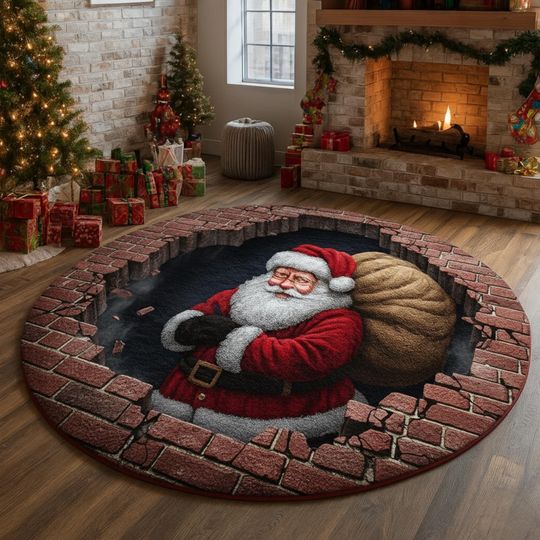 Discover 3D Santa Claus Christmas Rug, Funny Brick Hole Carpet, Xmas Living Room Decor Mat, Santa Gift Floor Rug, Holiday Home Decoration Idea