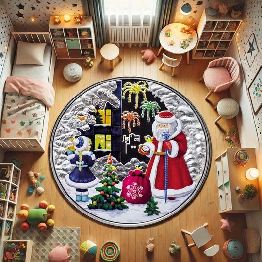 Discover Christmas Santa Rug - Round Holiday Carpet, Winter Scene Mat, Festive Home Decor, Xmas Tree Kilim, Cozy Seasonal Living Room Rug, Kids room