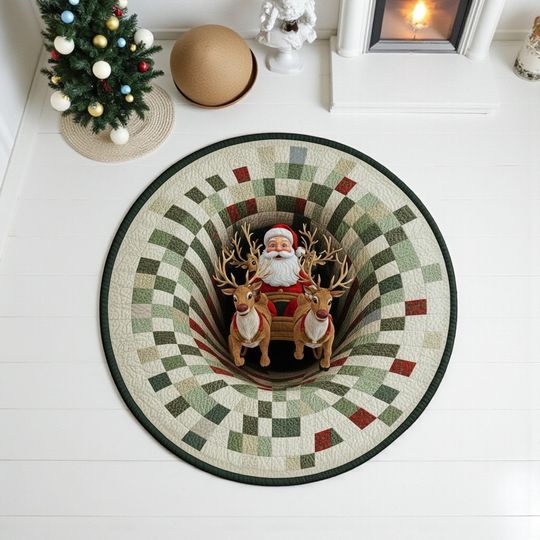 Discover 3D Santa Claus Christmas Rug, Funny Santa Reindeer Carpet, Holiday Spiral Floor Mat, Xmas Living Room Decor, Unique Christmas Gift Idea