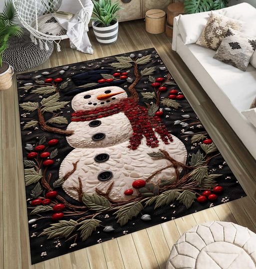 Snowman Christmas Rug,Merry Christmas Rug,Red Green Gold Christmas Rug