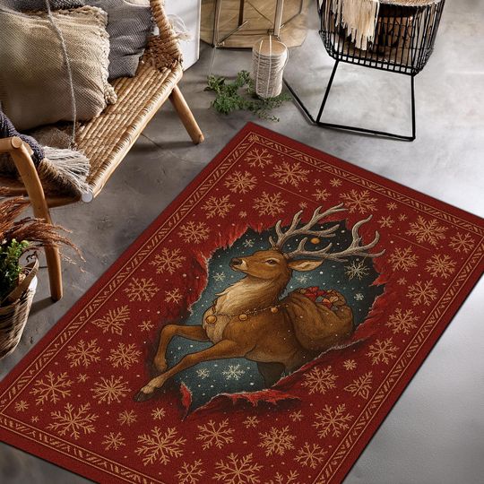 Discover Christmas Reindeer Rug with Snowflakes, Holiday Red Winter Carpet, Festive Xmas Living Room Decor, Cozy Seasonal Rug