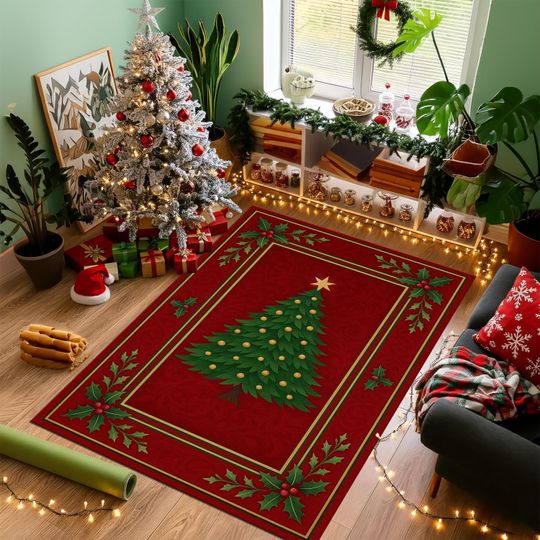 Merry Christmas Tree Rug, Holiday Reindeer Santa Sleigh Gift Carpet
