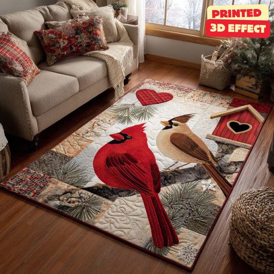 Discover Cardinal Lovers Rug, Quilted Look Area Rug, Red Cardinal Area Rug