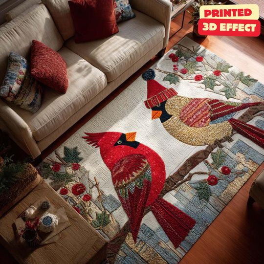 Discover Cardinal Lovers Rug, Quilted Look Area Rug, Red Cardinal Area Rug
