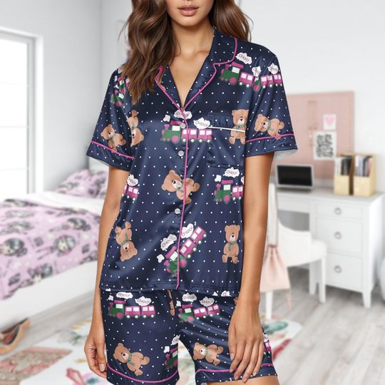 Bear Train Pajama Set, Cute Animal Print Sleepwear, Polka Dot PJs