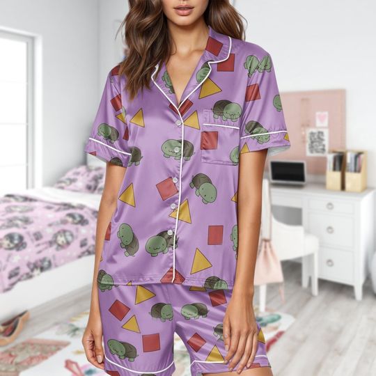 Discover Purple Turtle Pajama Set, Cute Cartoon Animal Sleepwear, Geometric Print Satin PJs