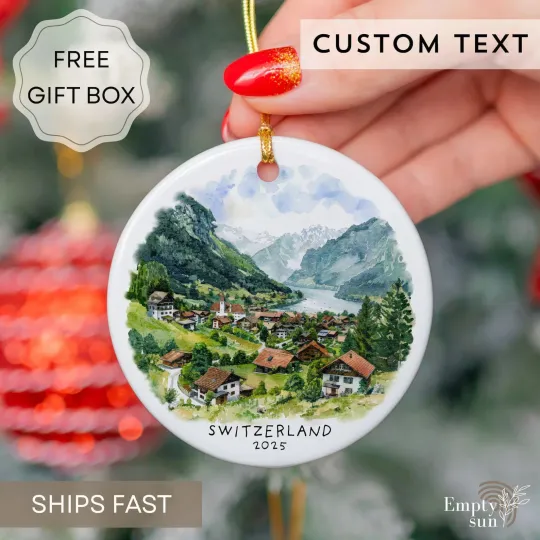 Discover SWITZERLAND Christmas Ceramic Ornament, Travel Christmas Ornament