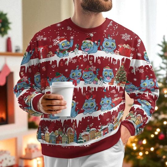 Discover Blue Tiger Christmas Ugly Sweater, Kpop Demon Hunters Funny Animal Sweatshirt for Men & Women