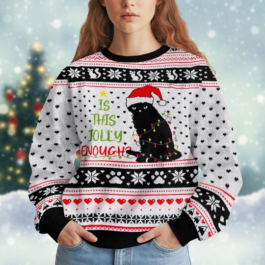 Funny Santa Black Cat Ugly Christmas Sweater, Cat Lover Holiday Knit Jumper