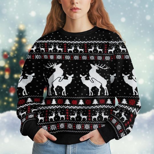 Discover Funny Reindeer 3D Knit Christmas Sweater, Humping Reindeer Holiday Shirt