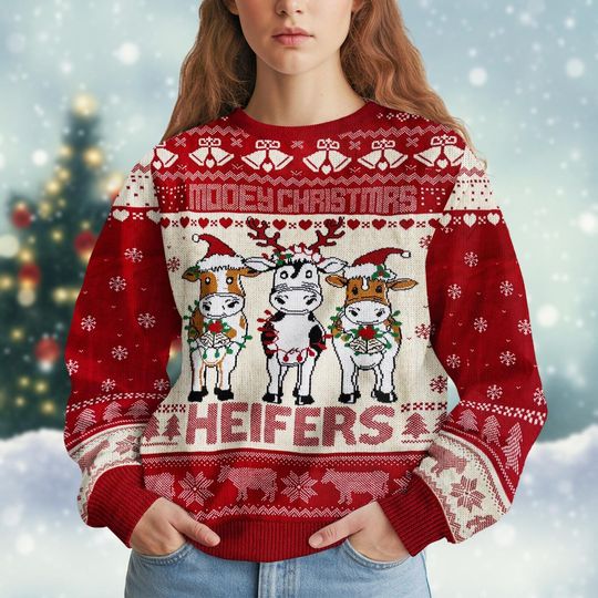 Discover Heifers Christmas Sweater Knit, Cow Lover Holiday Sweatshirt