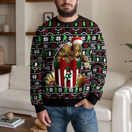 Discover Bigfoot Christmas Gift Box Ugly Sweatshirt, Funny Sasquatch Holiday Sweater