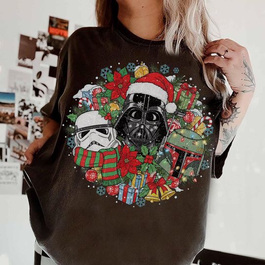 Star Wars Christmas Wreath Shirt, Star Wars Darth Vader Boba Fett Stormtrooper Christmas Lights Shirt, Galaxy's Edge Christmas Trip Shirt