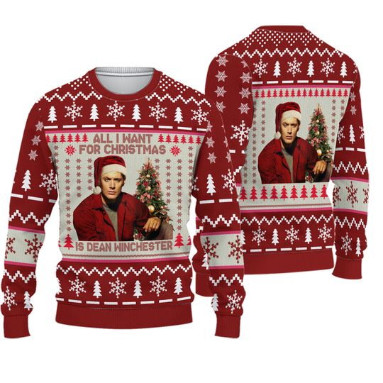 Dean Winchester Sweater, Supernatural Movie Character Ugly Christmas Sweater, Funny Dean Winchester Santa Clause Christmas Sweater
