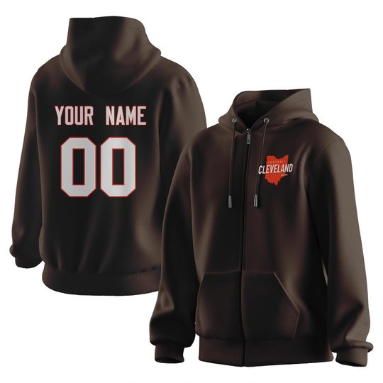 Custom Cleveland Football Hoodie, Personalized Name & Number, Brown Zip Sweatshirt for Men Women Youth, Football Fans Gift S-3XL