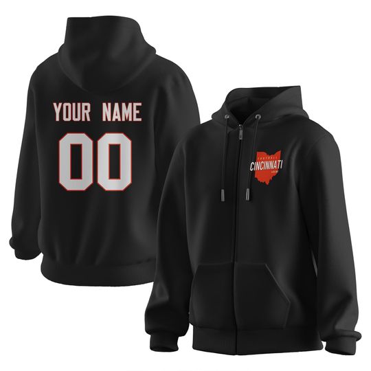 Custom Football Zipper Hoodie for Men Women Youth, Personalized Name & Number Sweatshirts Cincinnati City Football Fans Gift S-3XL