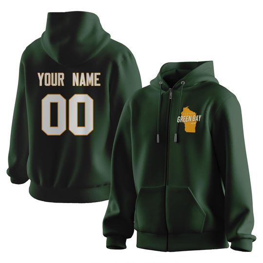 Custom Football Hoodie for Men Women Youth, Green Bay City Map Design Zip Sweatshirt Personalized Name Number, Football Fans Gift