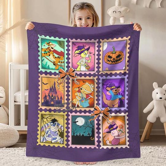 Discover Winnie The Pooh Stamp Halloween Blanket,  Halloween Coquette Bow Blanket, Halloween Piglet Tigger Eeyore, Disneyland Halloween Blanket Gifts