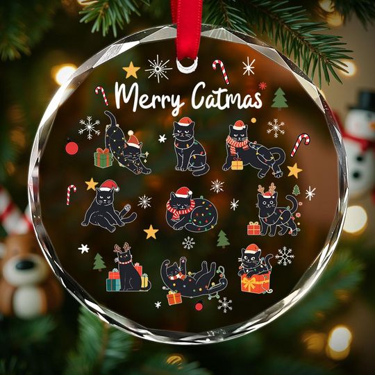 Discover Christmas Black Cat Glass Round Ornament, Merry Catmas Christmas Hanging Ornament, Cat Lover Christmas Home Decor, Cute Pet Xmas Gift