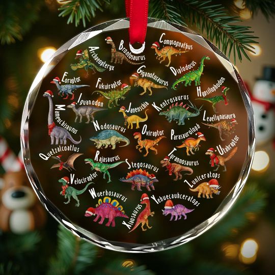 Christmas Dinosaur Glass Ornament