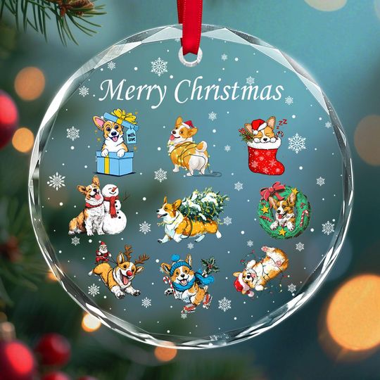 Christmas Corgi Dog Glass Ornament